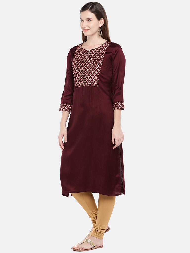 Women A Line Three-Fourth Maroon Kurta