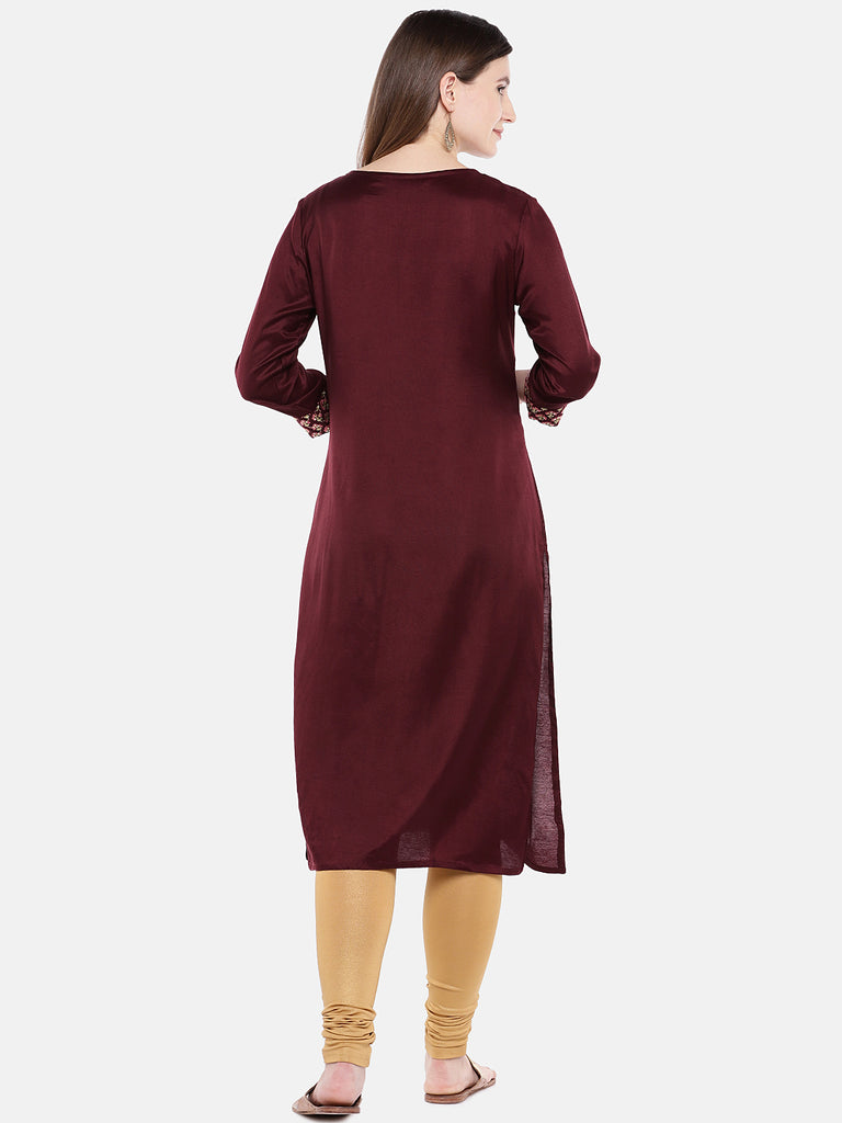 Women A Line Three-Fourth Maroon Kurta