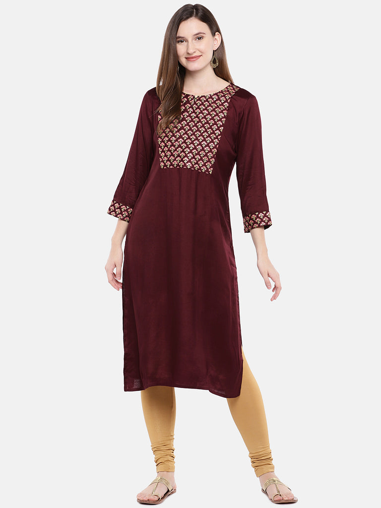 Women A Line Three-Fourth Maroon Kurta