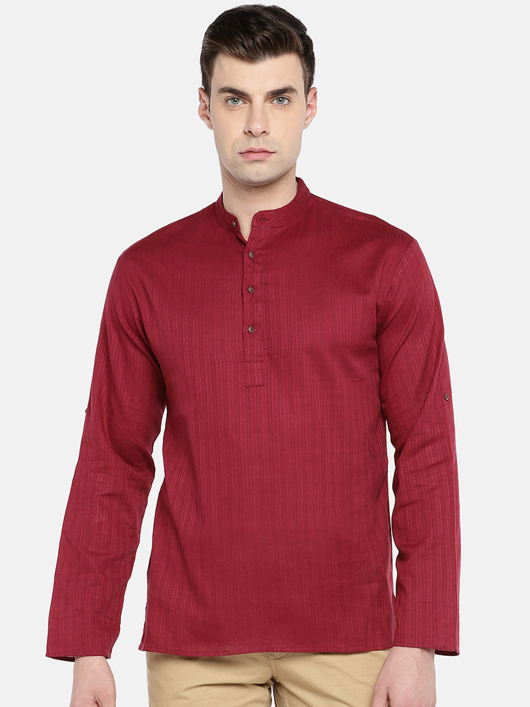 Men Straight Full Sleeve Maroon Kurta