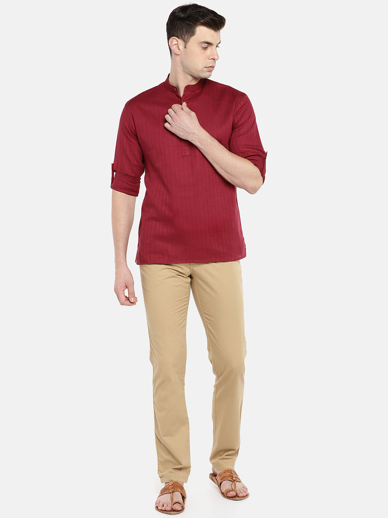 Men Straight Full Sleeve Maroon Kurta