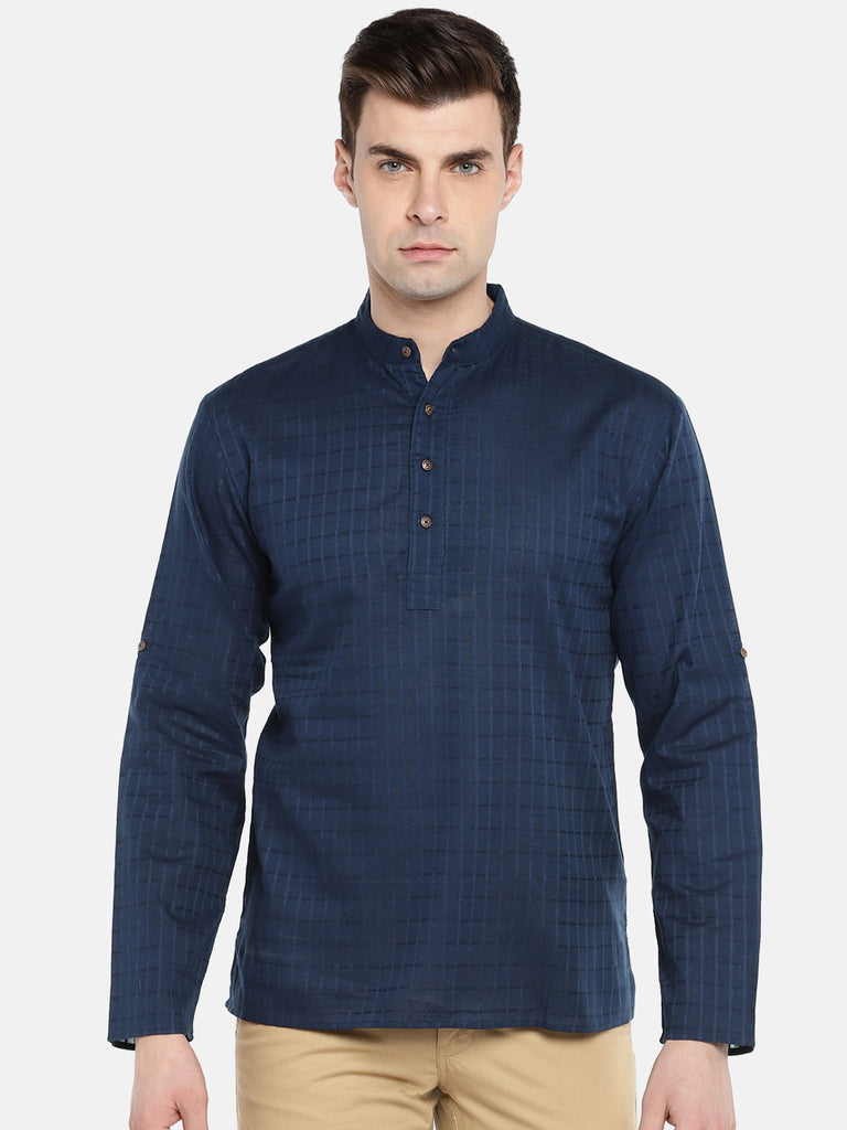 Men Straight Full Sleeve Navy Kurta