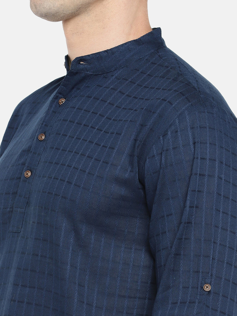 Men Straight Full Sleeve Navy Kurta