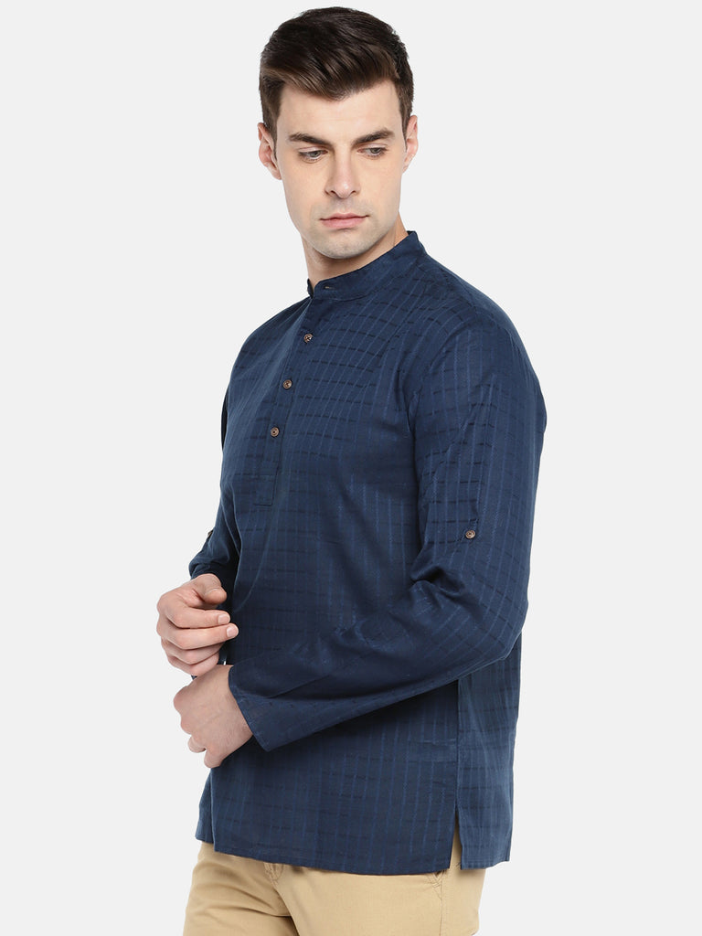 Men Straight Full Sleeve Navy Kurta