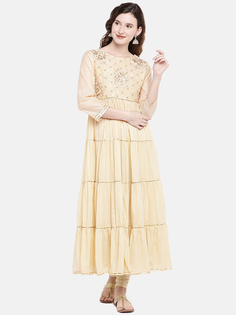 Women Flared Three-Fourth Beige Kurta