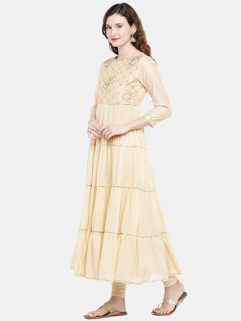 Women Flared Three-Fourth Beige Kurta