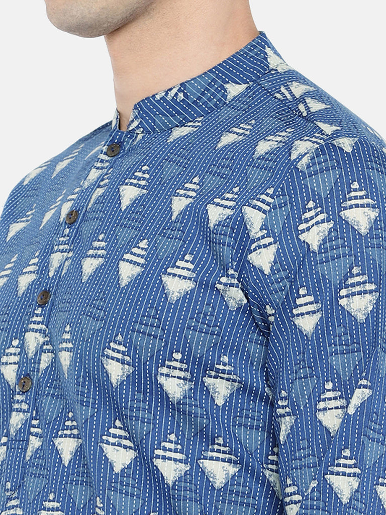 Men Straight Full Sleeve Indigo Kurta