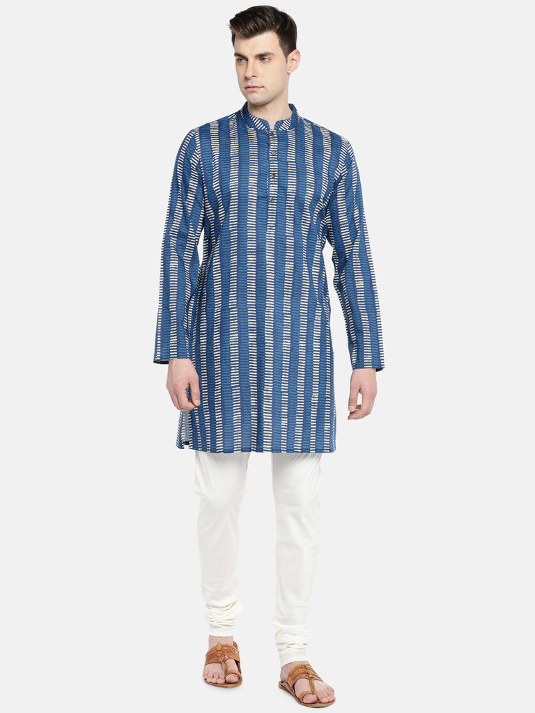 Men Straight Full Sleeve Indigo Kurta