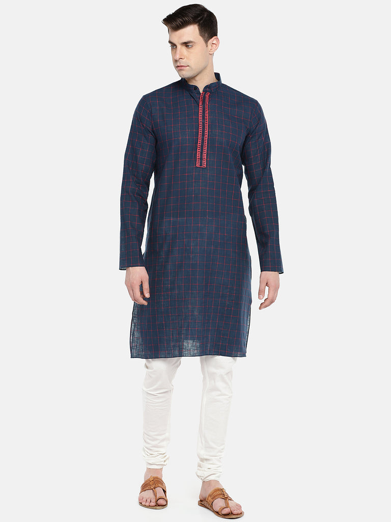 Men Straight Full Sleeve Navy Kurta