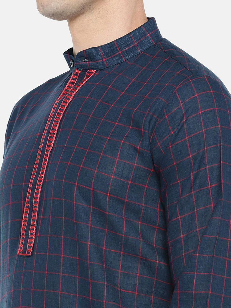 Men Straight Full Sleeve Navy Kurta