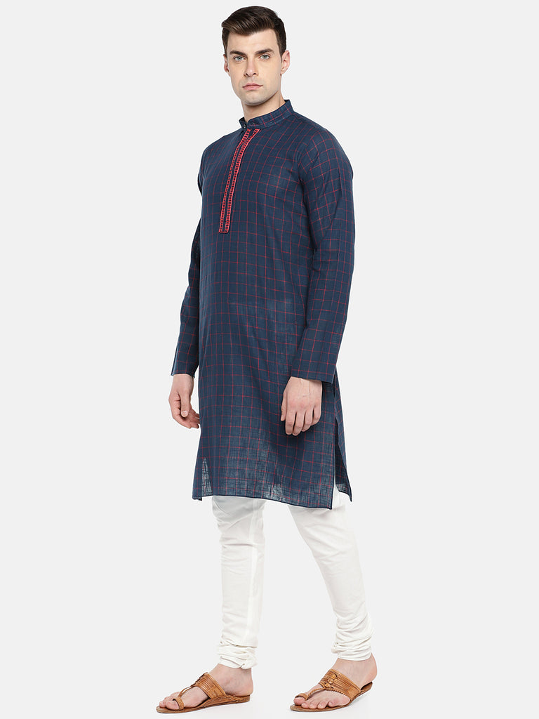 Men Straight Full Sleeve Navy Kurta