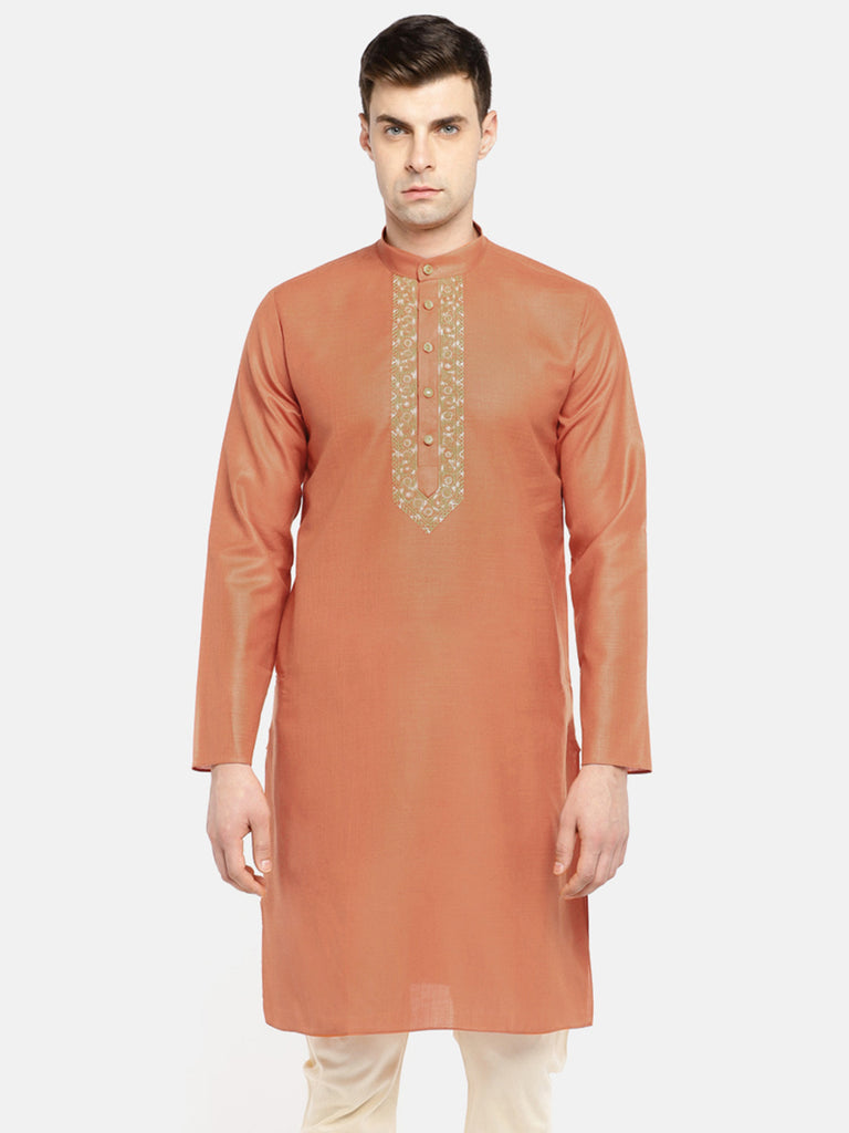 Men Straight Full Sleeve Rust Kurta