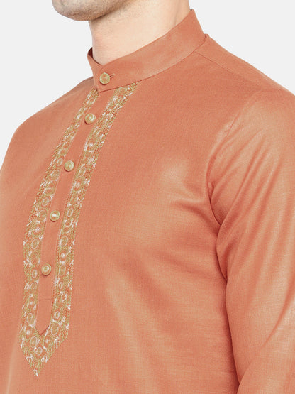 Men Straight Full Sleeve Rust Kurta