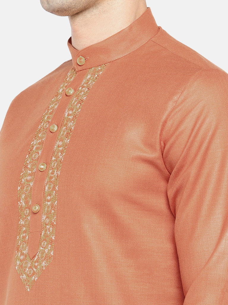 Men Straight Full Sleeve Rust Kurta