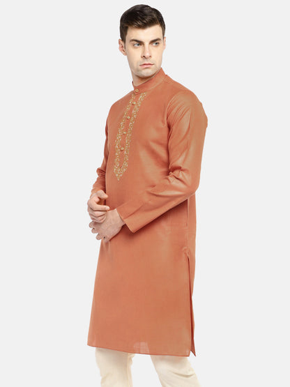 Men Straight Full Sleeve Rust Kurta