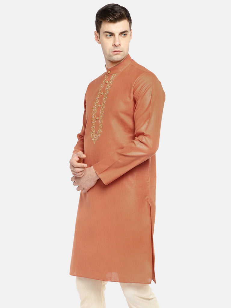 Men Straight Full Sleeve Rust Kurta