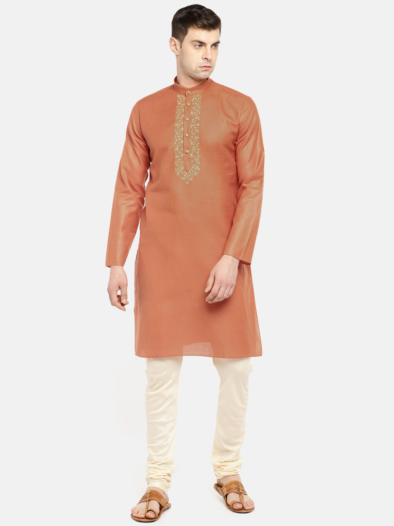 Men Straight Full Sleeve Rust Kurta