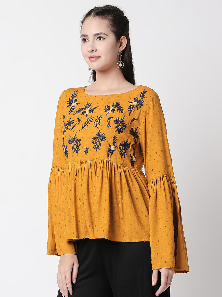 Women Flared Full Sleeve Mustard Top