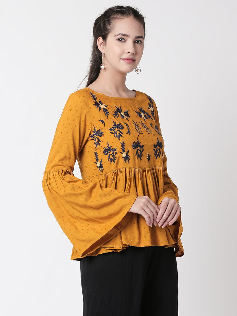 Women Flared Full Sleeve Mustard Top
