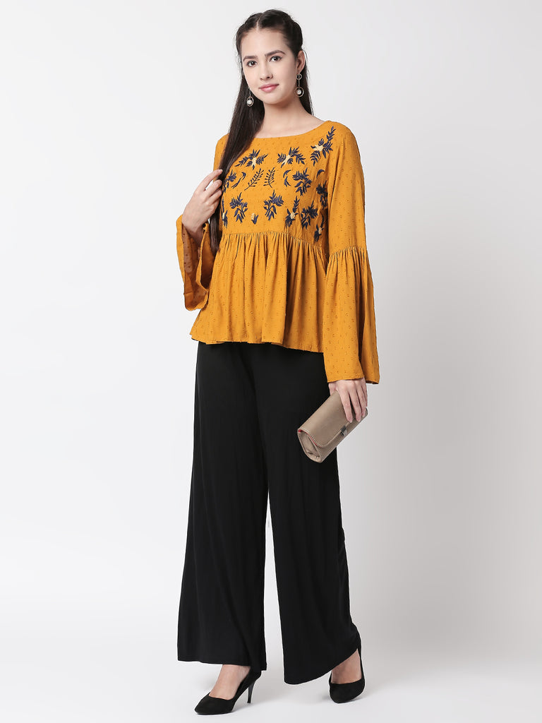 Women Flared Full Sleeve Mustard Top