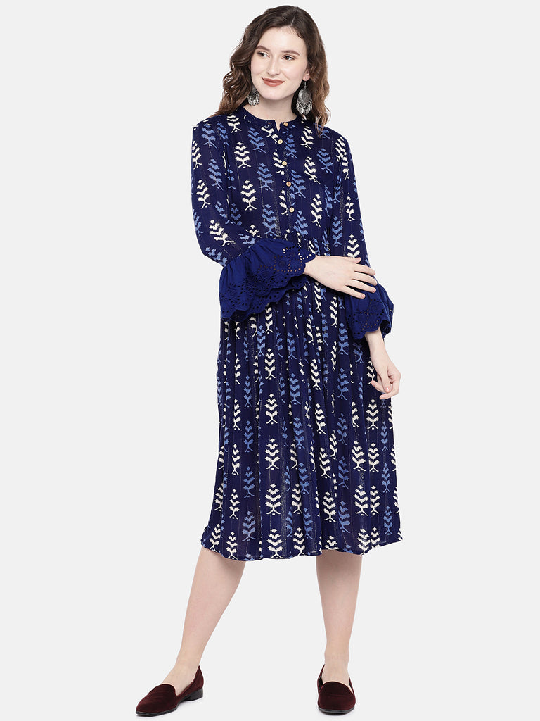 Women Flared Three-Fourth Indigo Dress