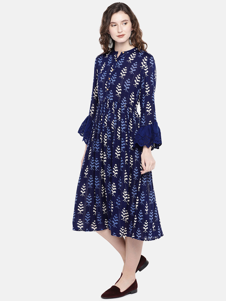Women Flared Three-Fourth Indigo Dress