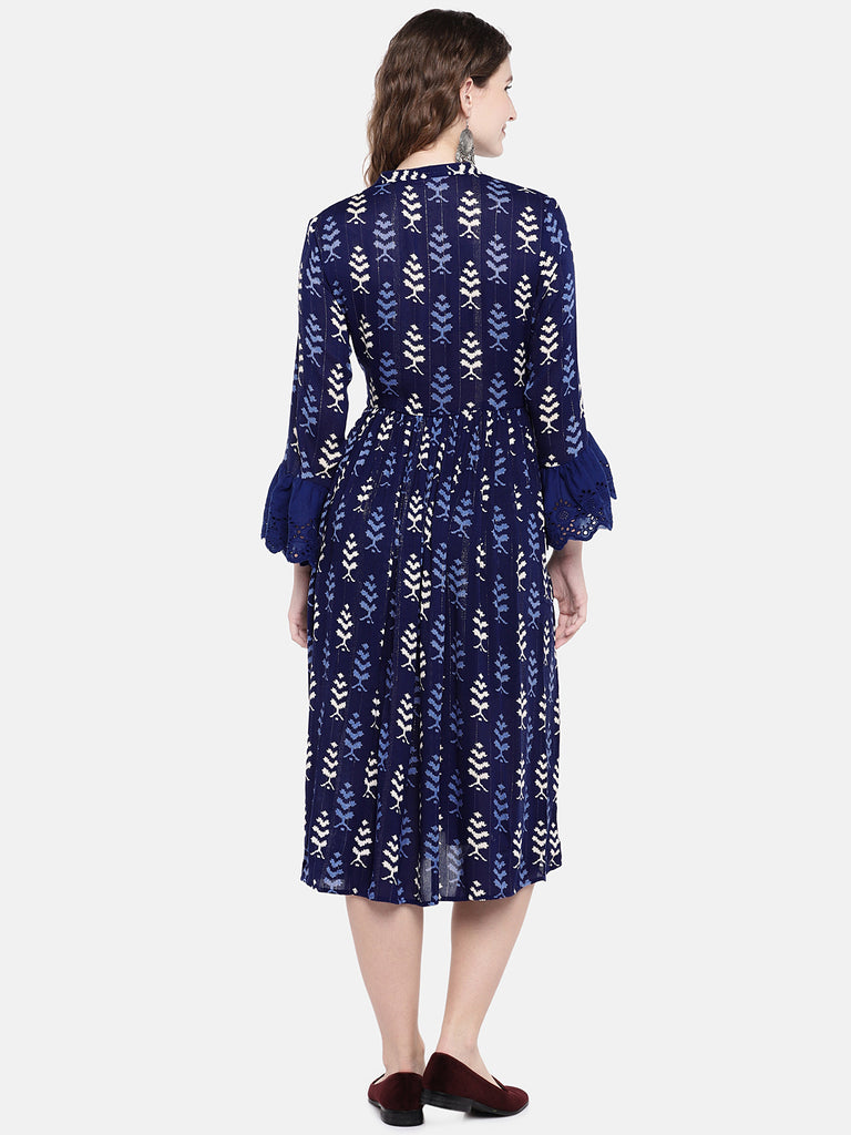Women Flared Three-Fourth Indigo Dress