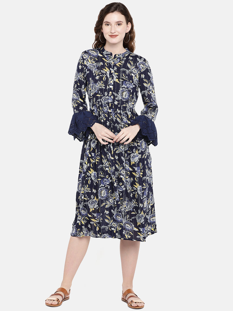 Women Flared Three-Fourth Navy Dress