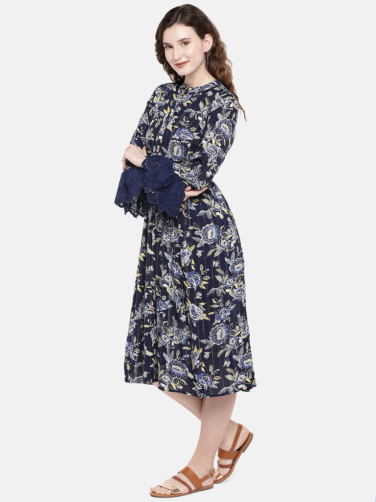Women Flared Three-Fourth Navy Dress