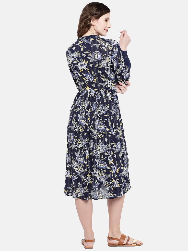 Women Flared Three-Fourth Navy Dress