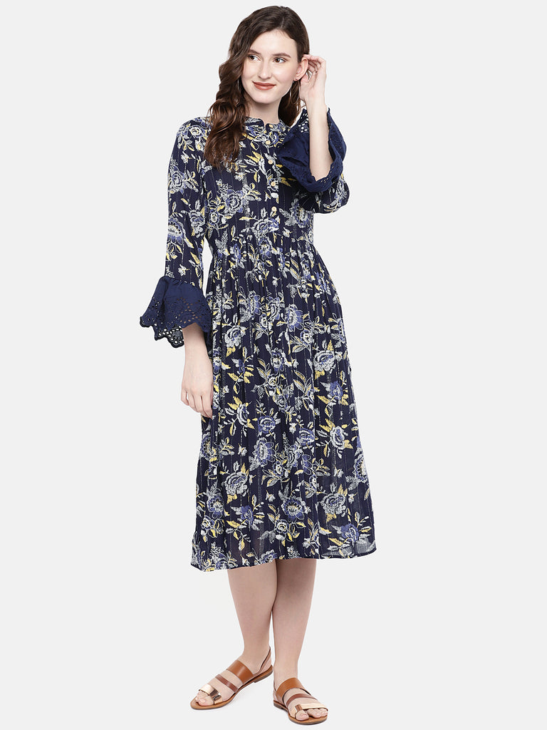 Women Flared Three-Fourth Navy Dress