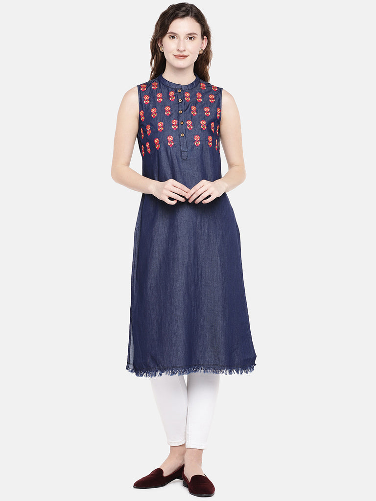Women Straight Sleeveless Navy Kurta