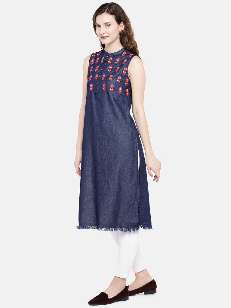 Women Straight Sleeveless Navy Kurta