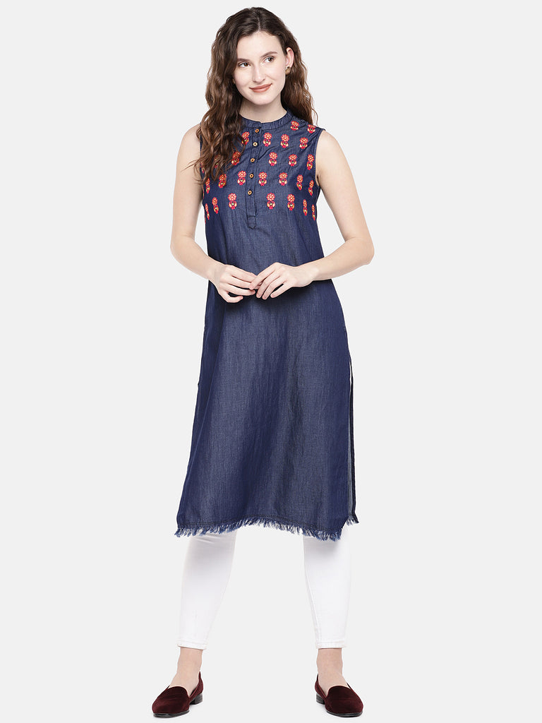 Women Straight Sleeveless Navy Kurta