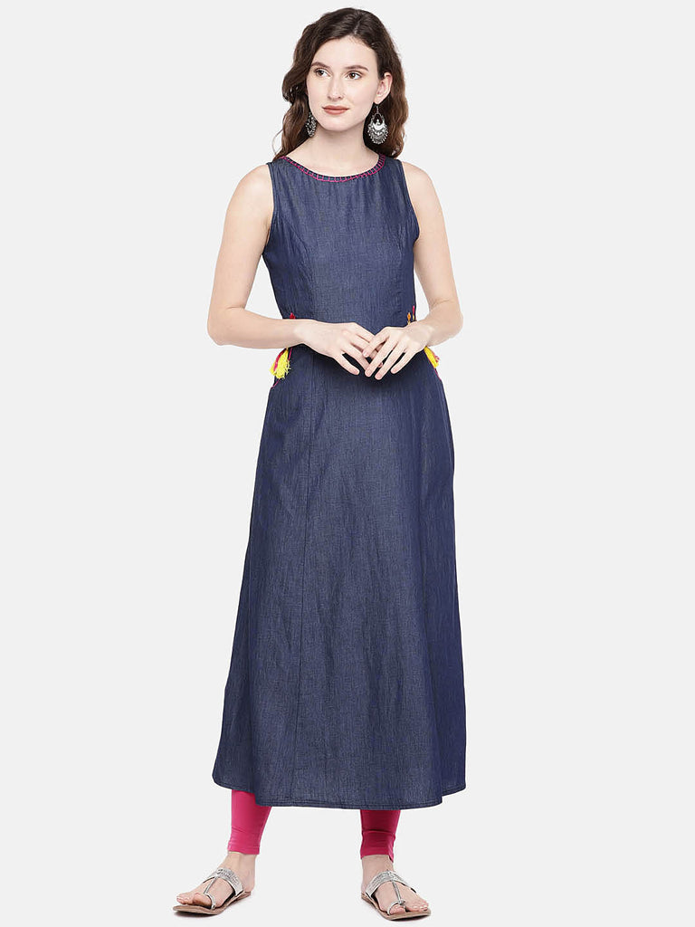 Women Flared Sleeveless Navy Kurta
