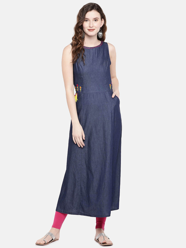 Women Flared Sleeveless Navy Kurta