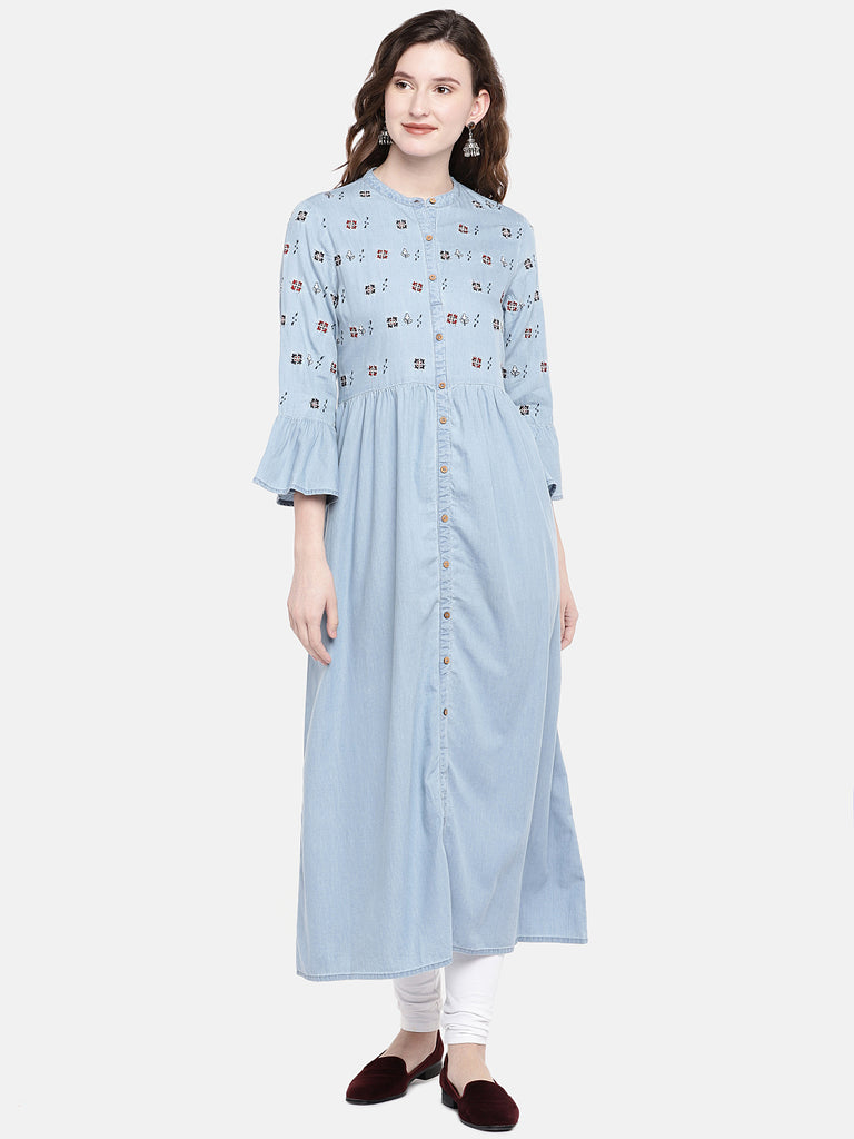 Women Flared Bell Sleeve Blue Kurta