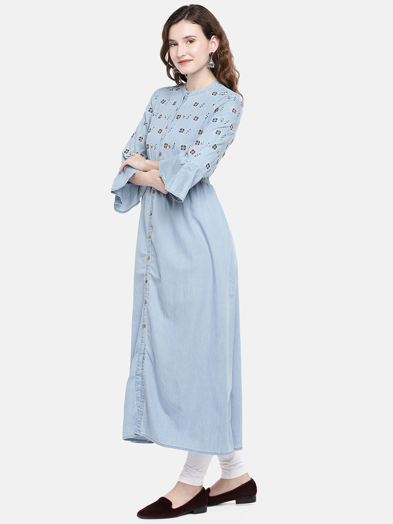 Women Flared Bell Sleeve Blue Kurta