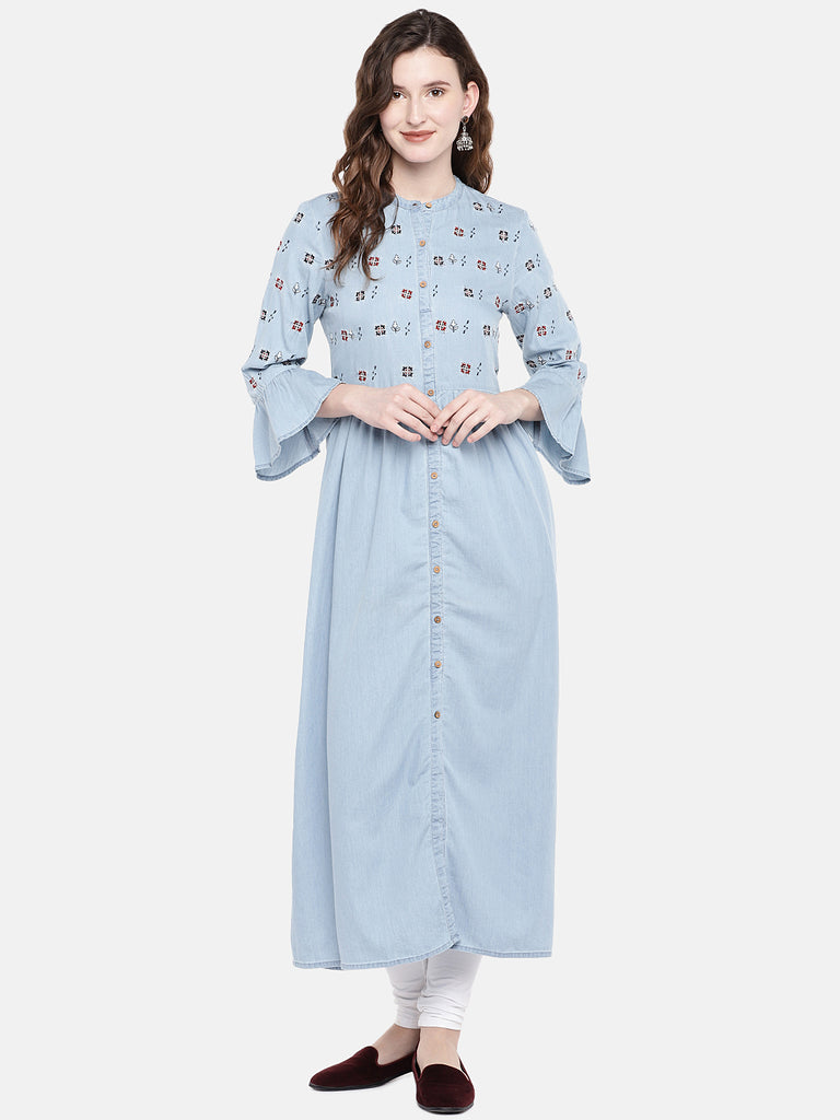 Women Flared Bell Sleeve Blue Kurta