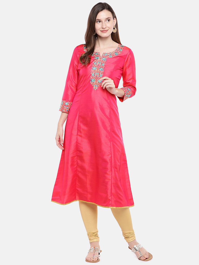 Women Straight Three-Fourth Pink Kurta