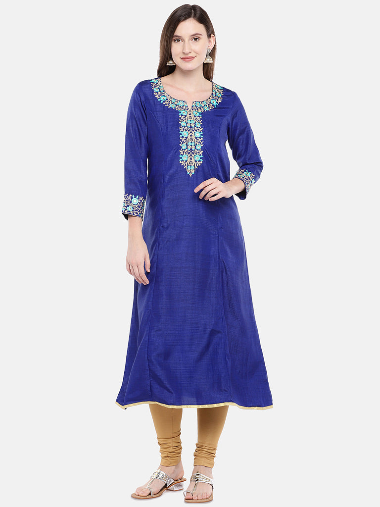 Women Straight Three-Fourth Royal Blue Kurta