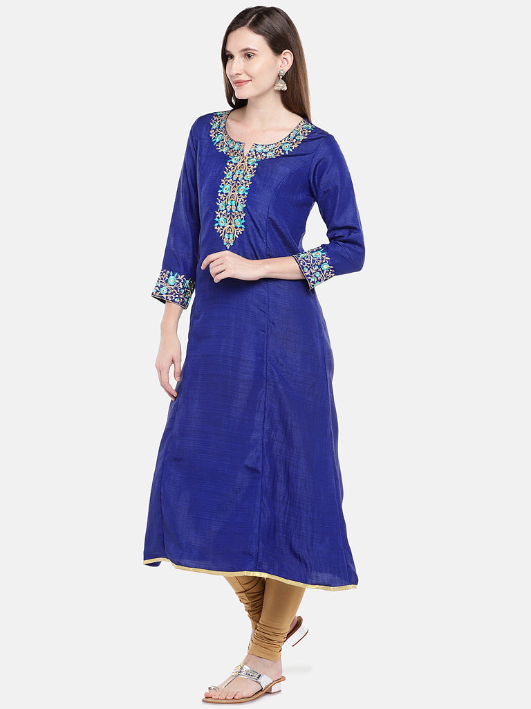 Women Straight Three-Fourth Royal Blue Kurta