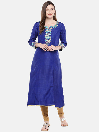 Women Straight Three-Fourth Royal Blue Kurta