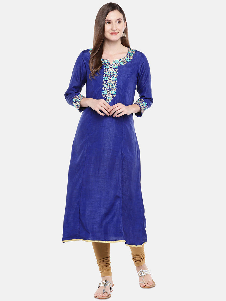 Women Straight Three-Fourth Royal Blue Kurta