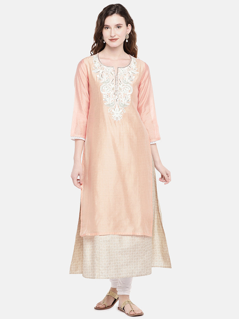 Women High - Low Three-Fourth Peach Kurta