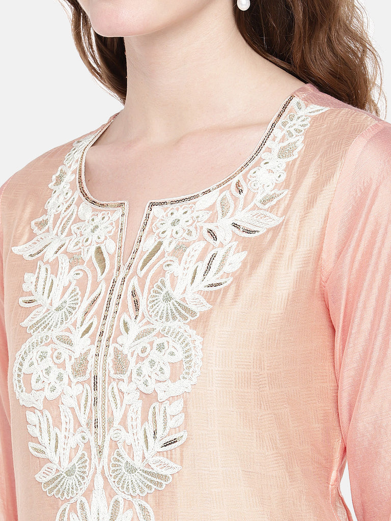 Women High - Low Three-Fourth Peach Kurta