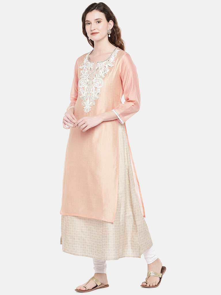 Women High - Low Three-Fourth Peach Kurta