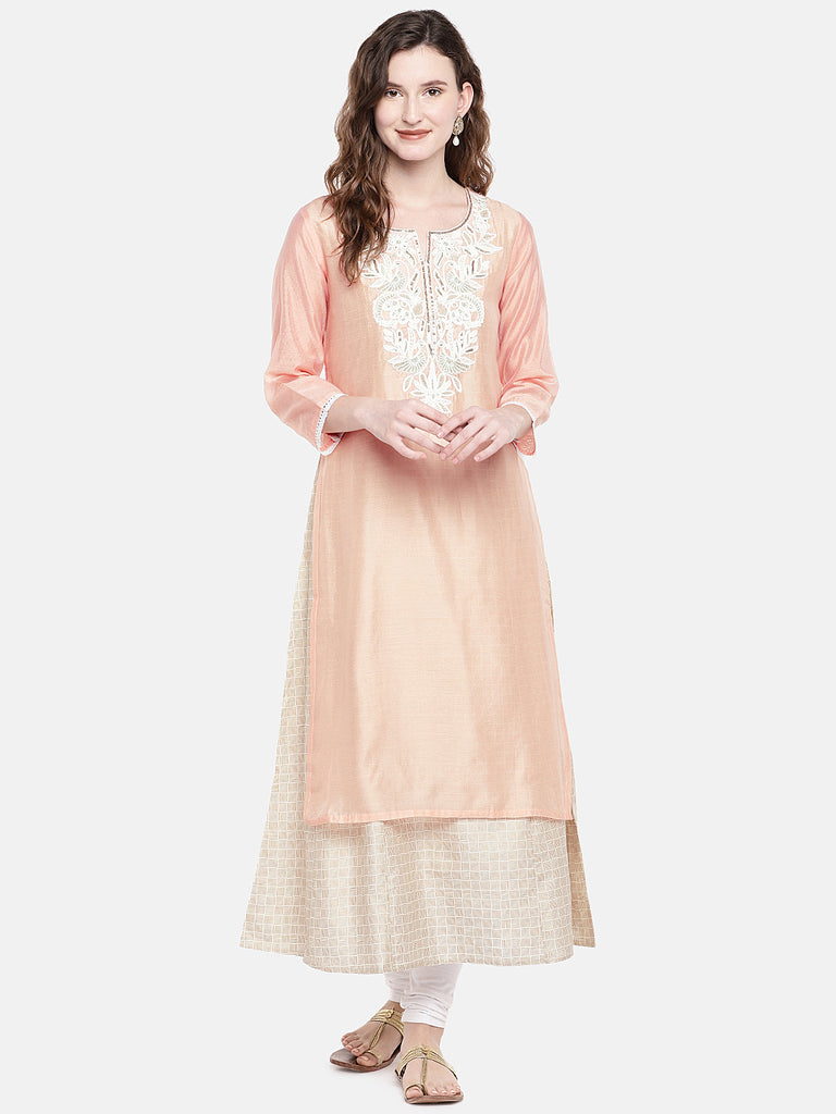 Women High - Low Three-Fourth Peach Kurta