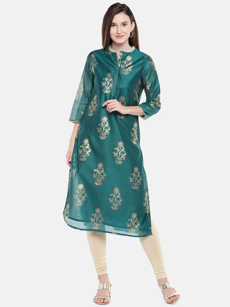 Women Straight Three-Fourth Teal Kurta
