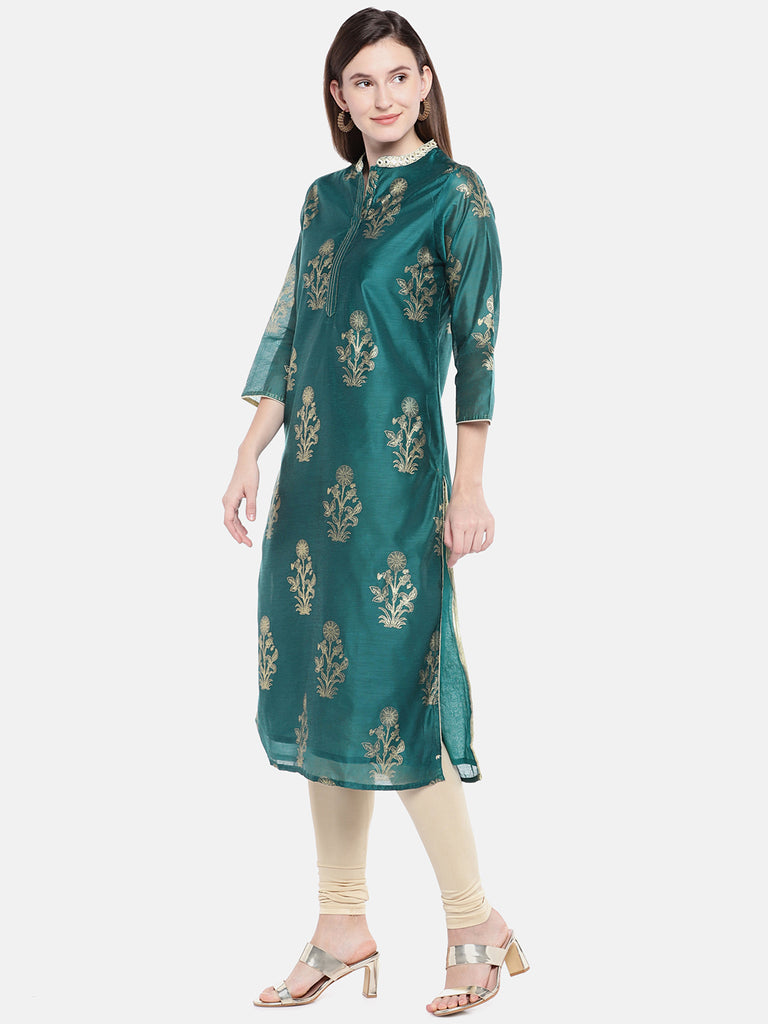 Women Straight Three-Fourth Teal Kurta
